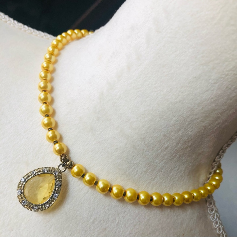 Handcrafted repurpose mellow yellow teardrop pendant Czech glass Pearl necklace